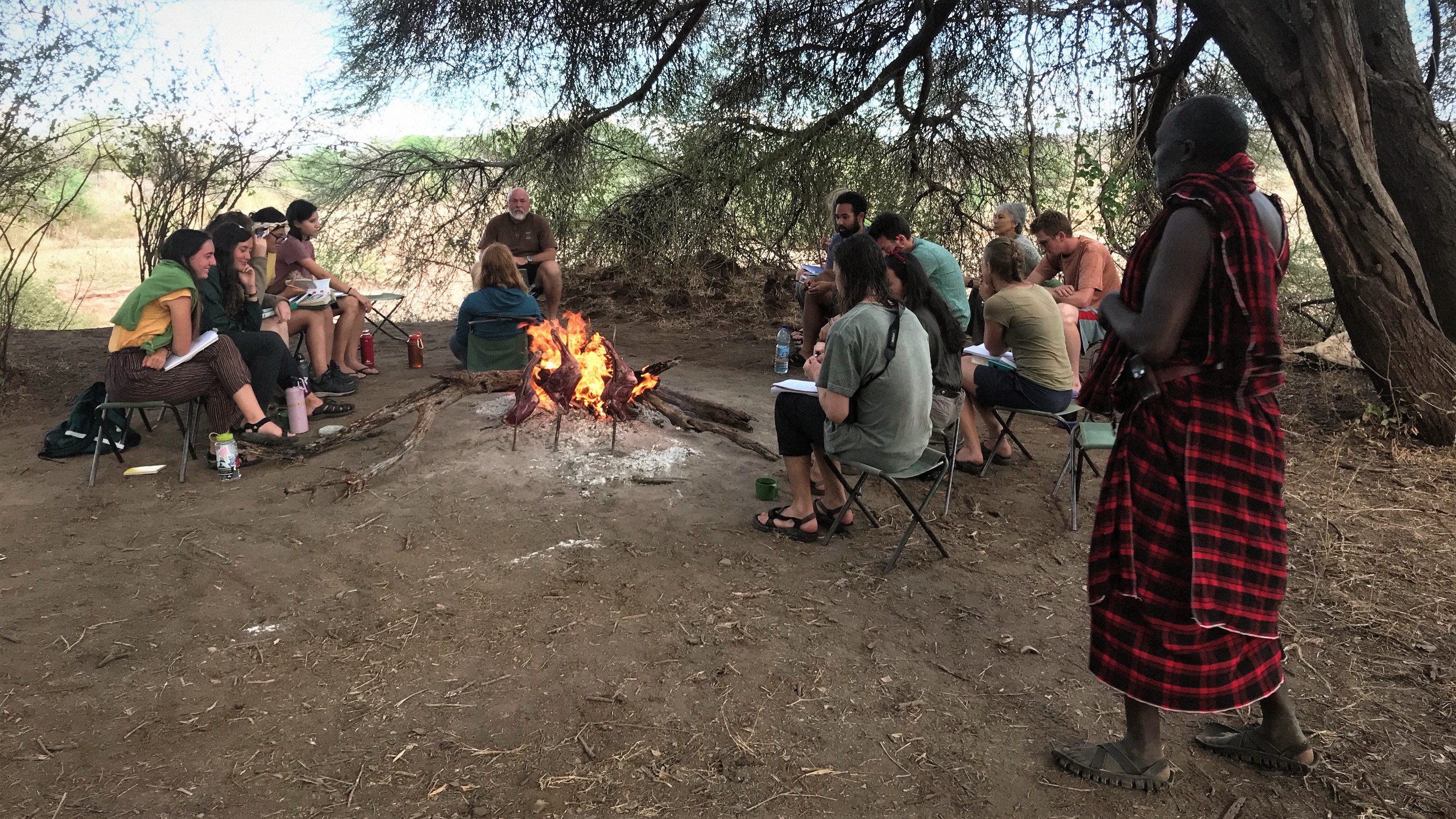 Guests and crew around a campfire beneath acacia trees at night